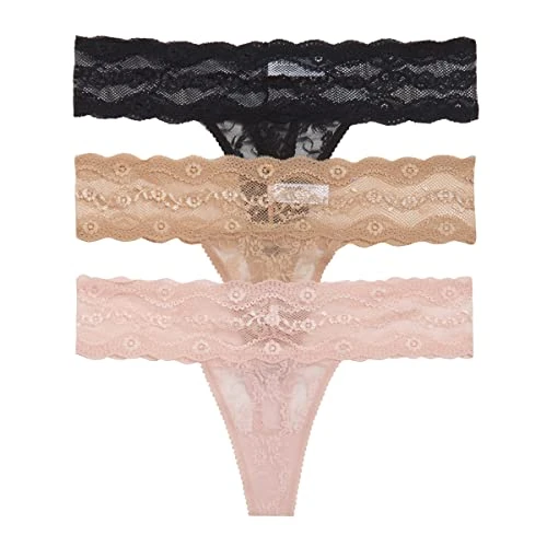 b.tempt'd Women's Lace Kiss Thong Panty 3 Pack, Rose Smoke, Au Natural, Night, M