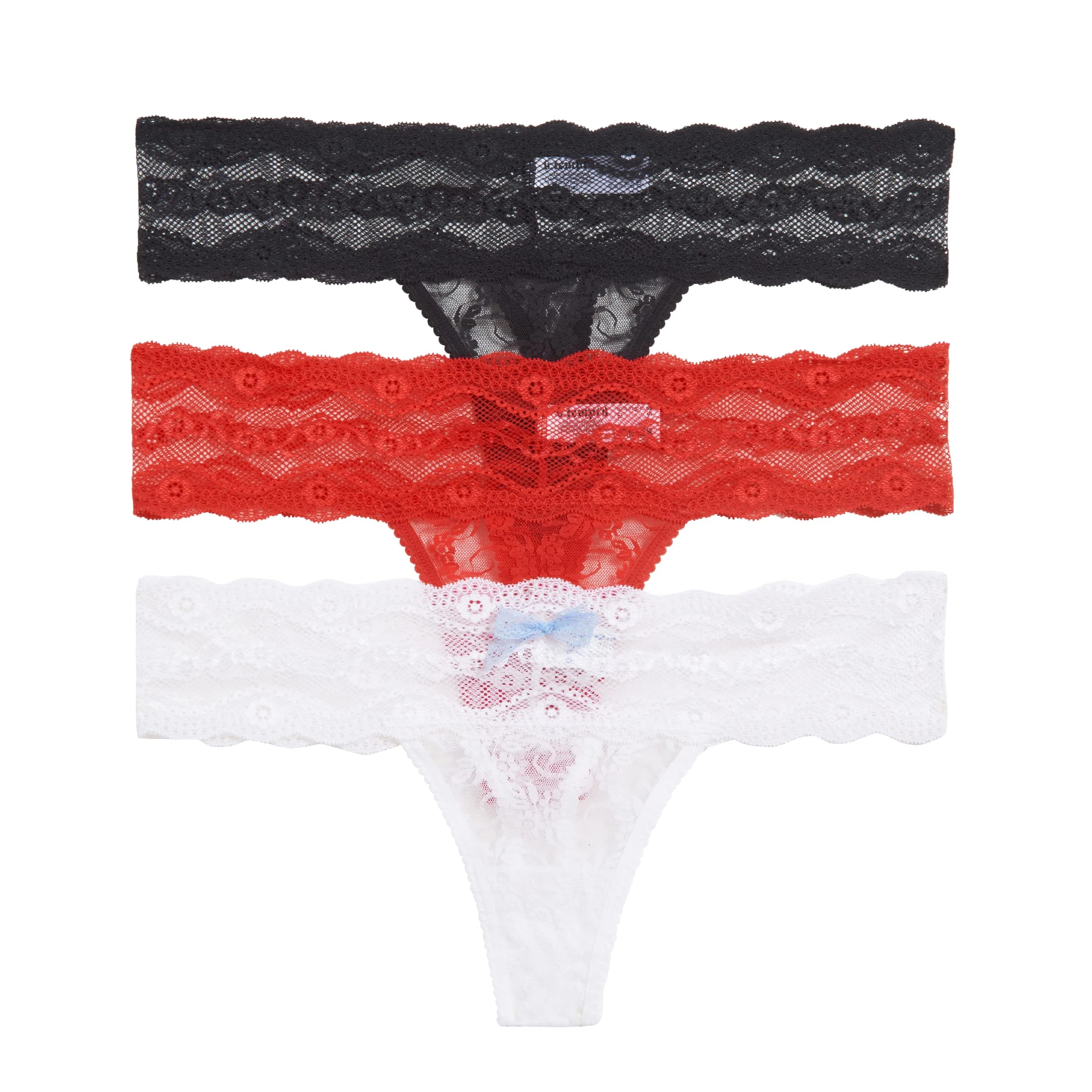 b.tempt'd Women's Lace Kiss Thong Panty 3 Pack, White, Crimson Red, Night, S