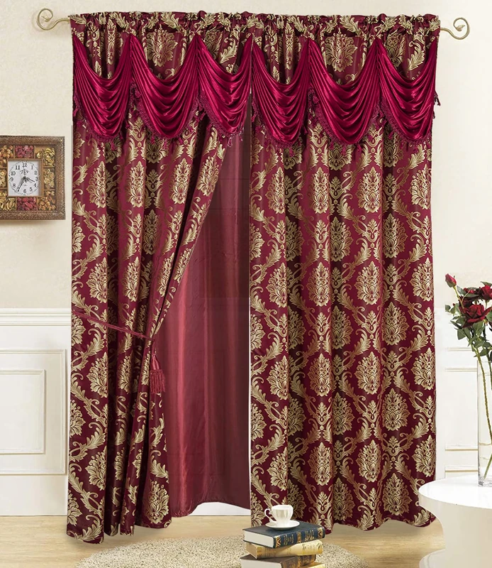 Jacquard Window Curtains for Living Room and Bedroom 54 W x 84 L Inches - 2 Panel Set with Attached Valance, Backing and 2 Tie Backs - Long Burgundy Luxury Elegant Fancy Design Cortinas Para Sala
