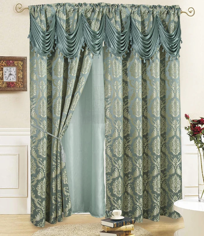 Jacquard Window Luxury Curtains for Living Room and Bedroom 54 W x 84 L Inches - 2 Panel Set with Attached Valance, Backing and 2 Tie Backs Elegant Fancy Design Cortinas Para Sala (Grove)