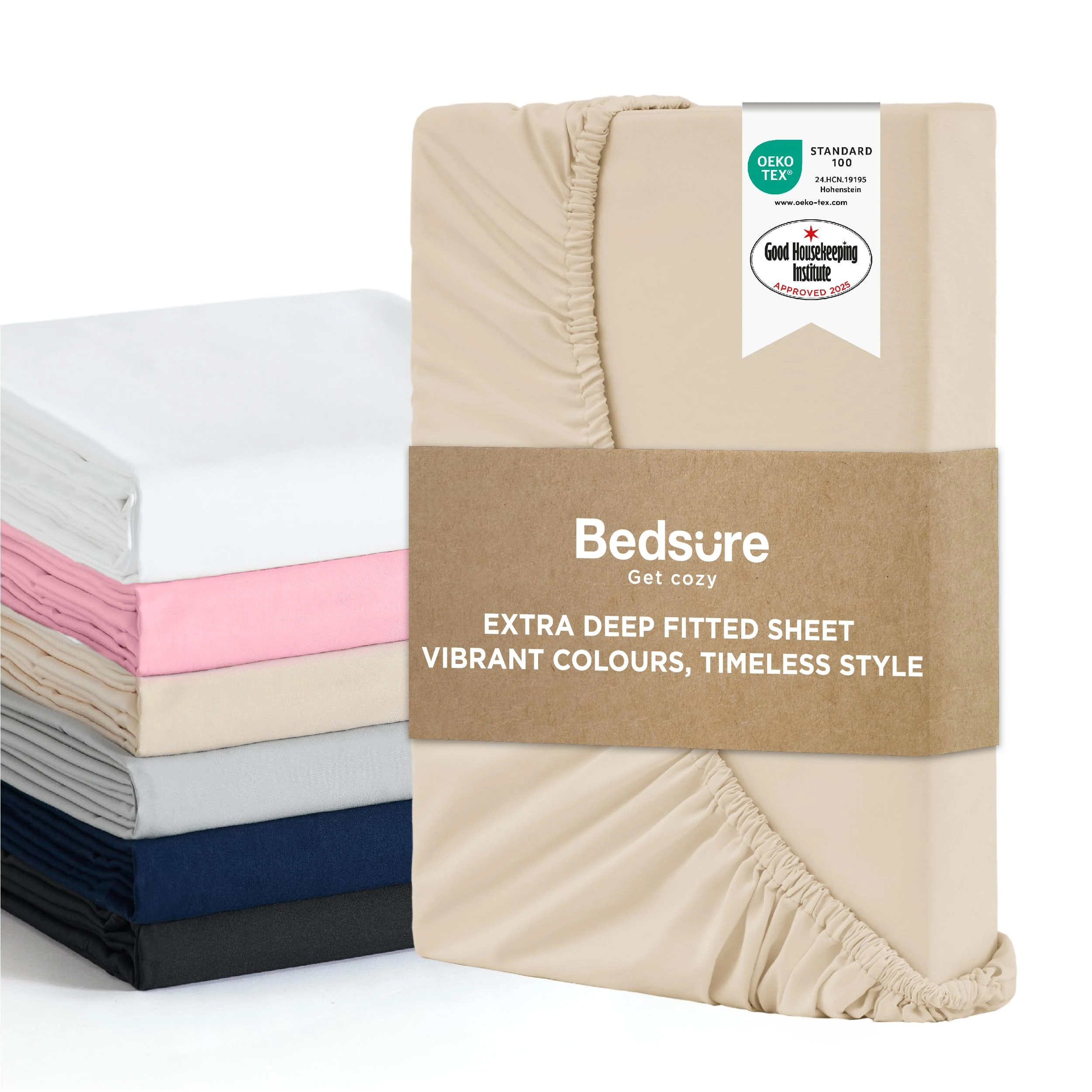 Bedsure Super King Fitted Sheet - Bed Sheets Extra Deep Pocket 16 Inches (40 cm), Soft Brushed Polyester Microfiber Material for Super King Bed, Beige, 180x200cm