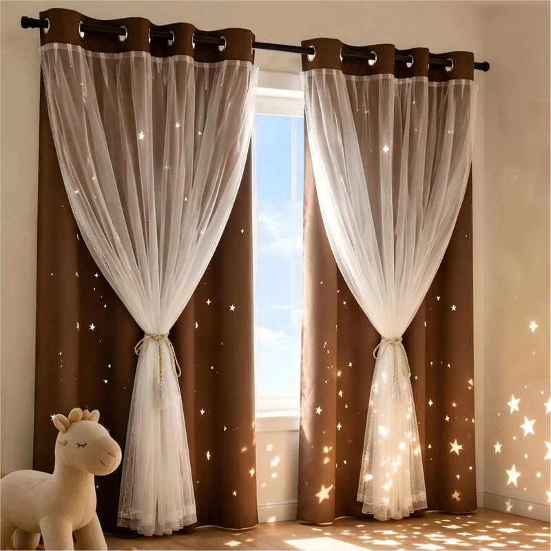 Kinryb Kids Blackout Curtains for Bedroom/Living Room/Classroom, Sheer Overlay 2 Free Tiebacks, Double Layer Curtains with Star Cutout for Kids Room(Each Piece W 70 x L 95 Inches 2 Pcs Chocolate)