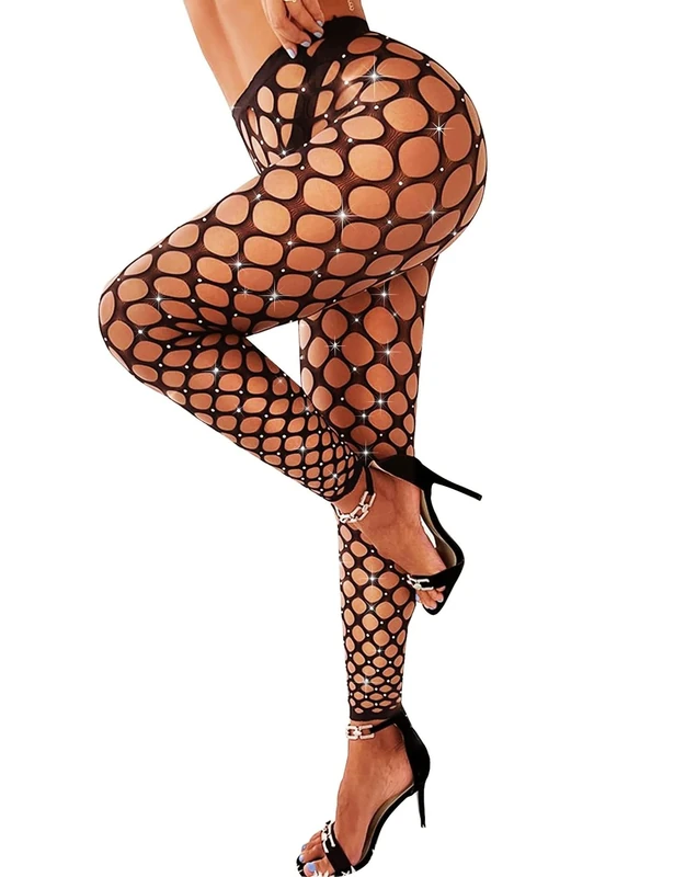 RSLOVE Women Sexy Tights Fishnet Rhinestones Sparkly Pantythose Black One Size