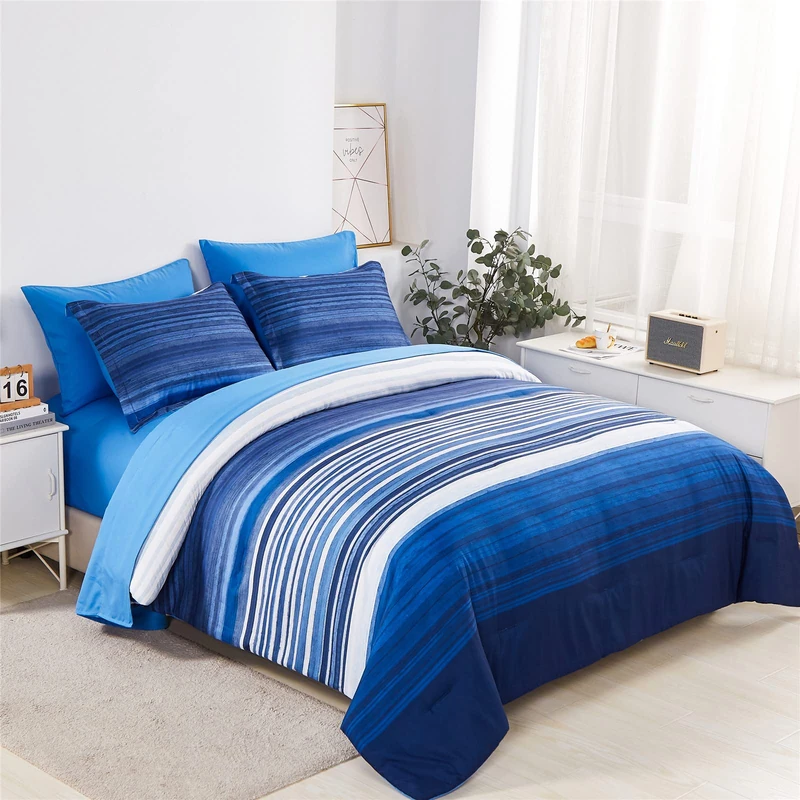 KAKIJUMN 7 Piece Bed in a Bag Stripe Comforter Set King Size, White and Blue Patchwork Striped Comforter and Sheet Set, All Season Soft Microfiber Complete Bedding Sets(Blue,King)