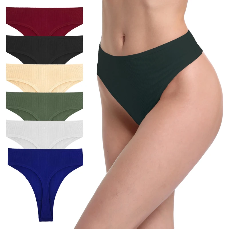 GAREDOB 6 Pack Women's Ribbed Cotton Thongs High Waist Panties Plus Size High Rise No Show Underwear, 6 Pcs High Thong-as, XL