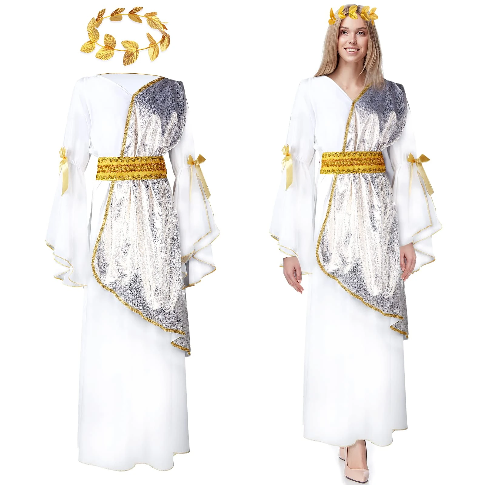 Geyoga 2 Pcs Greek Goddess Costume Toga Costume Women Halloween Greek Dress with Roman Crown Leaf Wreath(Small)