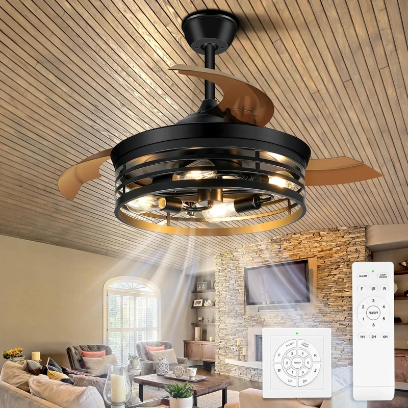 NEWORB 42Inch Retractable Ceiling Fans with Lights Remote Control Black Caged Ceiling Fans Farmhouse Vintage Industrial Ceiling Fan with Lights for Living Room Bedroom Kitchen Patio