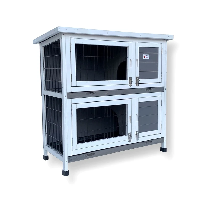 BUNNY BUSINESS Double Rabbit Hutch Guinea Pig Hutches with Sliding Tray, 36-inch (BB-36-DH-TR Grey), Grey and White