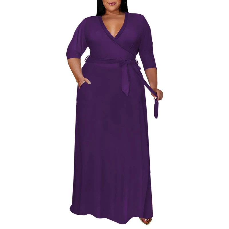 Runwind Plus Size Dress for Women - 3/4 Sleeve V Neck Printing Maxi Dresses for Women （XL-6XL）, 1-Purple, 3XL