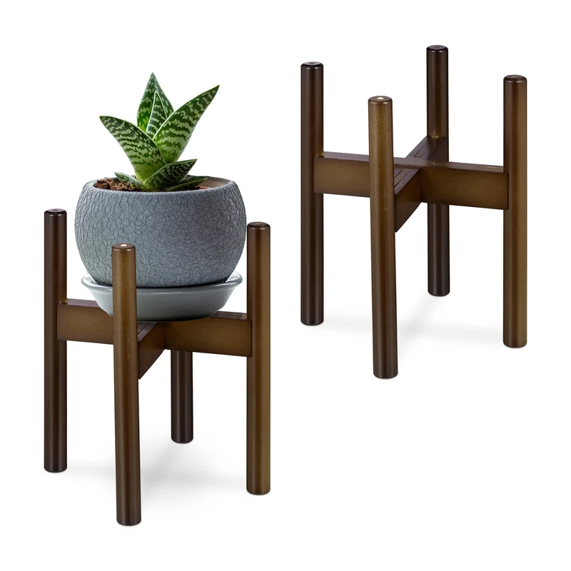 Relaxdays Set of 2 Plant Stand, Bamboo Flower Rack, Pots up to 32cm Ø, Adjustable & Stackable, Decorative, Dark Brown, 35.5 x 37.5 x 37.5 cm