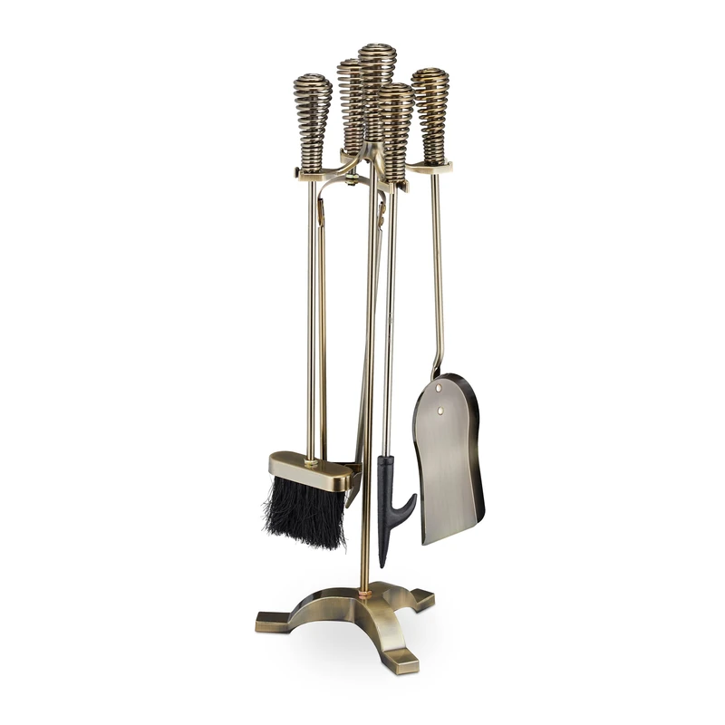 Relaxdays Fireplace, 5-Piece Set, Poker, Ash Shovel, Broom, Tongs & Stand, Antique Design, Steel, 64x22x20 cm, Gold