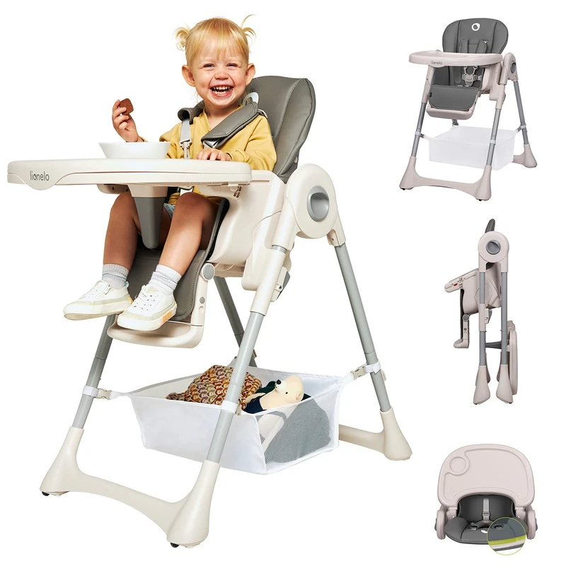 LIONELO Zanna Portable Folding High Chair with Wheels, Spacious Double Tray, Adjustable Tray and Footrest, 5-Point Safety Belts, 6-36 Months Up to 15kg, Child Grey