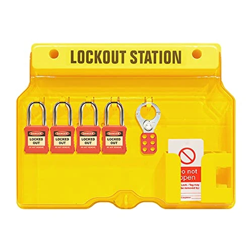 Lockout Tagout Station Board Filled Yellow 4 x Padlocks 1 x 25mm Hasp 10 x Do Not Operate Tags Supplied With Cover