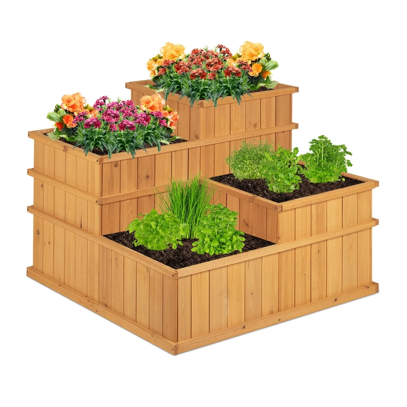Relaxdays Raised Flowerbed, Tiered, 4 Planter Boxes, Herbs, Garden, Balcony, Terrace, Wooden, HWD: 61x81x81 cm, Natural