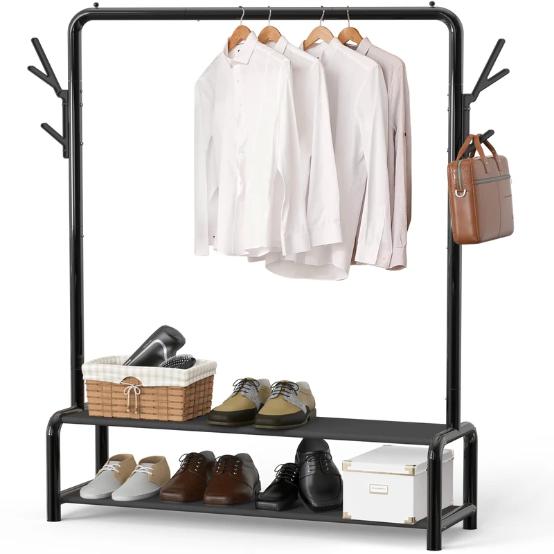 Simple Houseware Garment Rack with Storage Shelves and Coat/Hat Hanging Hooks