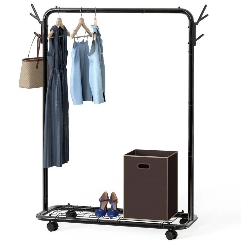 Simple Houseware Industrial Style Garment Rack With Wheels And Hooks, Black