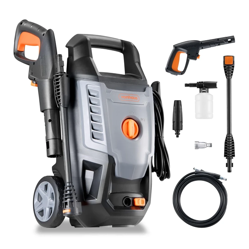 VonHaus Pressure Washer 1600W – Portable Power Washer for Patio, Car, Walls, Fences & More – Jet Wash Comes with Accessories and Attachments – 130 Bar Max Water Pressure, 6.5L Max Water Flow Per Min