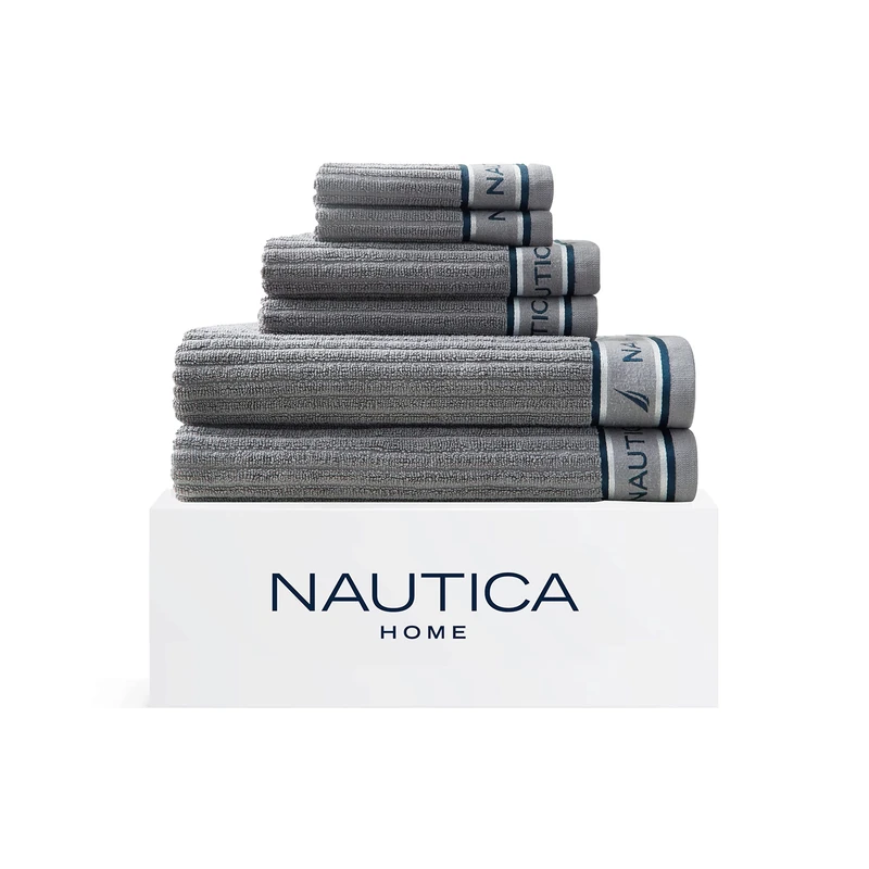 Nautica - 6 Piece Bath Towels Set, Soft Absorbent Cotton, Medium Weight Bathroom Decor, Dorm Room Essentials (Signature Grey, 6 Piece)
