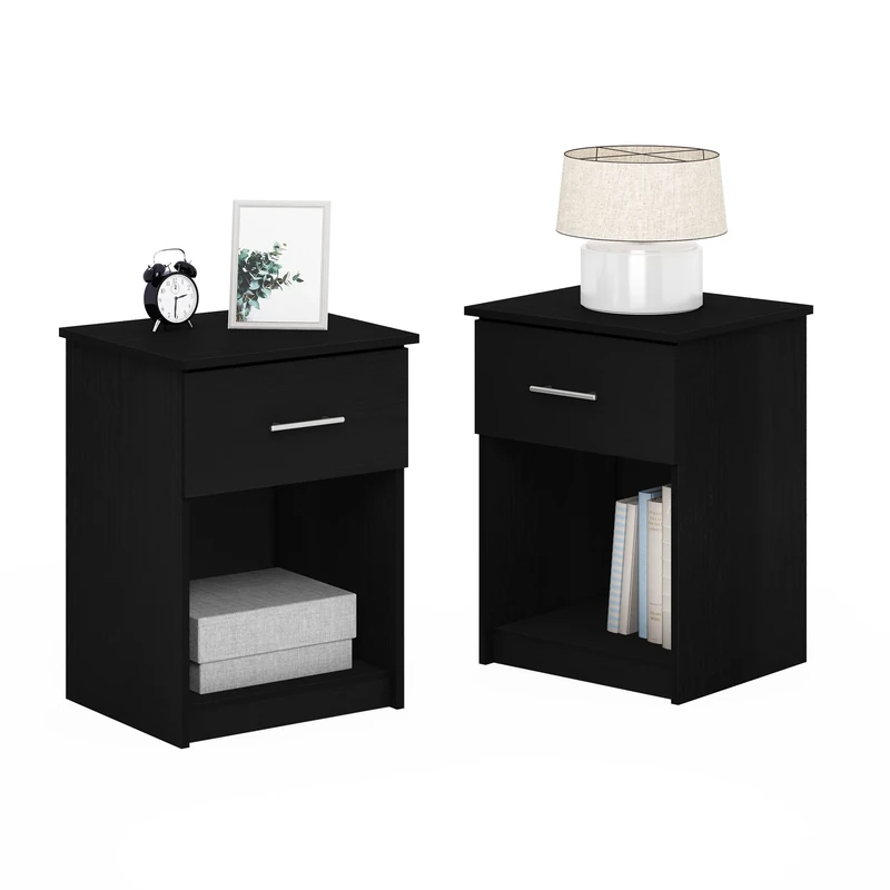 Furinno TIDUR Night Stand Set of 2, Nightstand with Drawer, Bedside Table, End Table, Side Table with Storage Shelf, Bar Handle Drawer, for Bedroom, Living Room, Americano