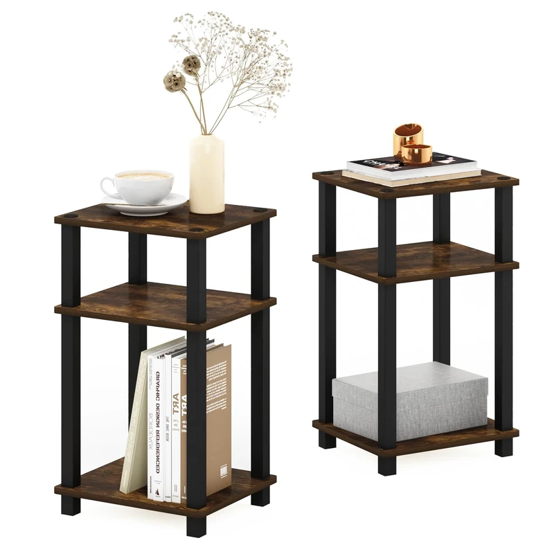 Furinno JUST Side Table Set of 2, 3-Tier Open Shelf End Table, Toolless Assembly Night Stand, Bedside Table with Square Tube, for Living Room, Bedroom, Amber Pine