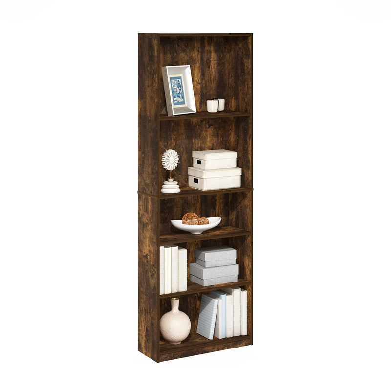 FURINNO JAYA Book Shelf, 5-Tier Bookshelf, Bookcase with Adjustable Shelves, 9.5 x 24.5 x 71.2, for Living Room, Bedroom, Home Office, Amber PINE