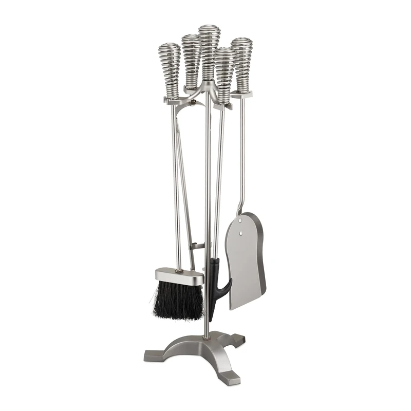 Relaxdays Fireplace, 5-Piece Set, Poker, Ash Shovel, Broom, Tongs & Stand, Antique Design, Steel, 64x22x20, Silver