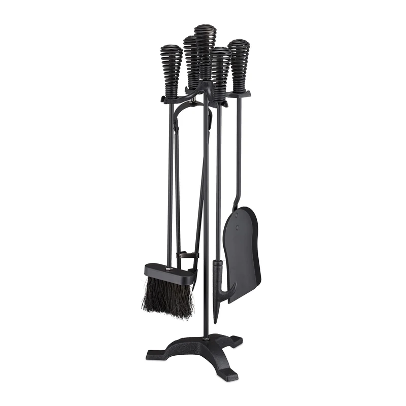 Relaxdays Fireplace, 5-Piece Set, Poker, Ash Shovel, Broom, Tongs & Stand, Antique Design, Steel, 64x22x20 cm, Black