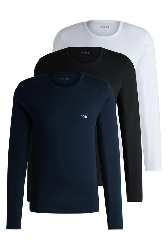BOSS Mens Long Sleeve Logo T-Shirt 3 Pack Cotton White/Navy/Black 990 L