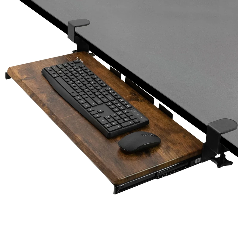 VIVO Clamp-on Computer Keyboard and Mouse Under Desk Mount Slider Tray, 27 (33 Including Clamps) x 11 inch Pull Out Platform Drawer, Rustic Vintage Brown Tray, Black Frame, MOUNT-KB05N