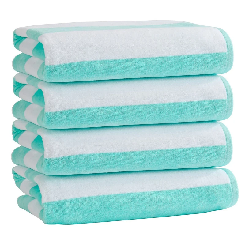 Market & Place 100% Cotton Velour Cabana Stripe Beach Towel Set 30" x 60" - Ultra Soft, Plush, & Highly Absorbent Towels for Pool, Beach, & Swimming. Marina Collection (4-Pack, Sea Green)
