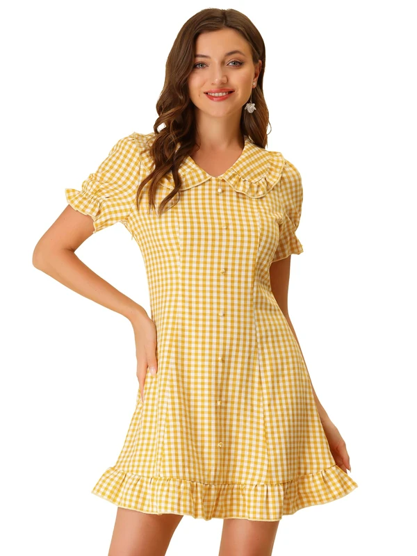 Allegra K Women's Gingham Checks Ruffled Peter Pan Collar 1960s Mini Dress, Yellow, XL