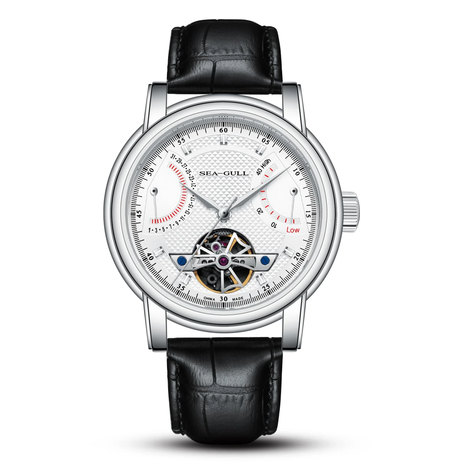 Seagull Men's Watch Hollow Automatic Mechanical Watch Calendar Potential Multifunction Flywheel Business Watches (White- D819.626)