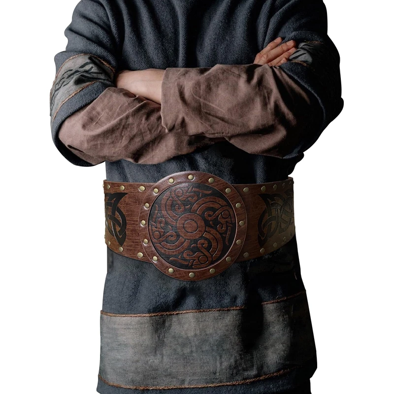 HiiFeuer Viking Embossed Wide Belt, Nordic Faux Leather Armor Belt Knight Corset Belt, LARP Costume (Brown B) - Image 1