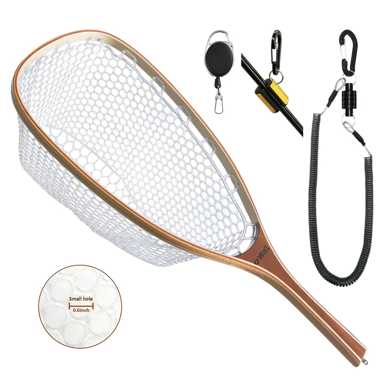 ONROCL Fly Fishing Net Trout Net with Magnetic Release and Rod Holder Wooden Frame Landing Net with Soft Rubber Mesh for Catch and Release (Clear Small Holes) - Image 1