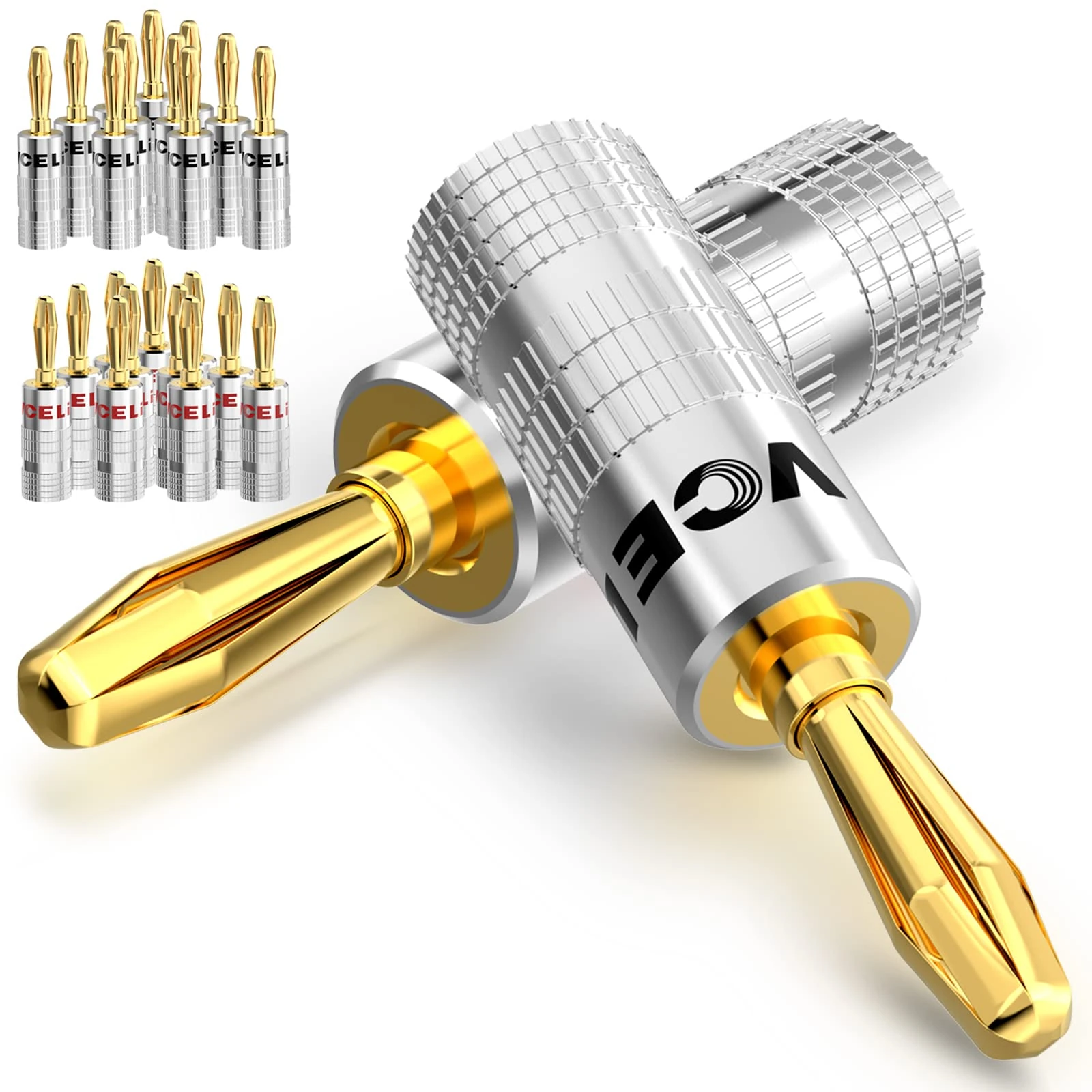 VCELINK Banana Plugs for Speaker Wire 12 Pairs/24 Pcs, Gold Plated Dual-Screw Type Speaker Connector for Home Theater, Wall Plate, Audio/Video Receiver and Sound Systems (Red+Black)