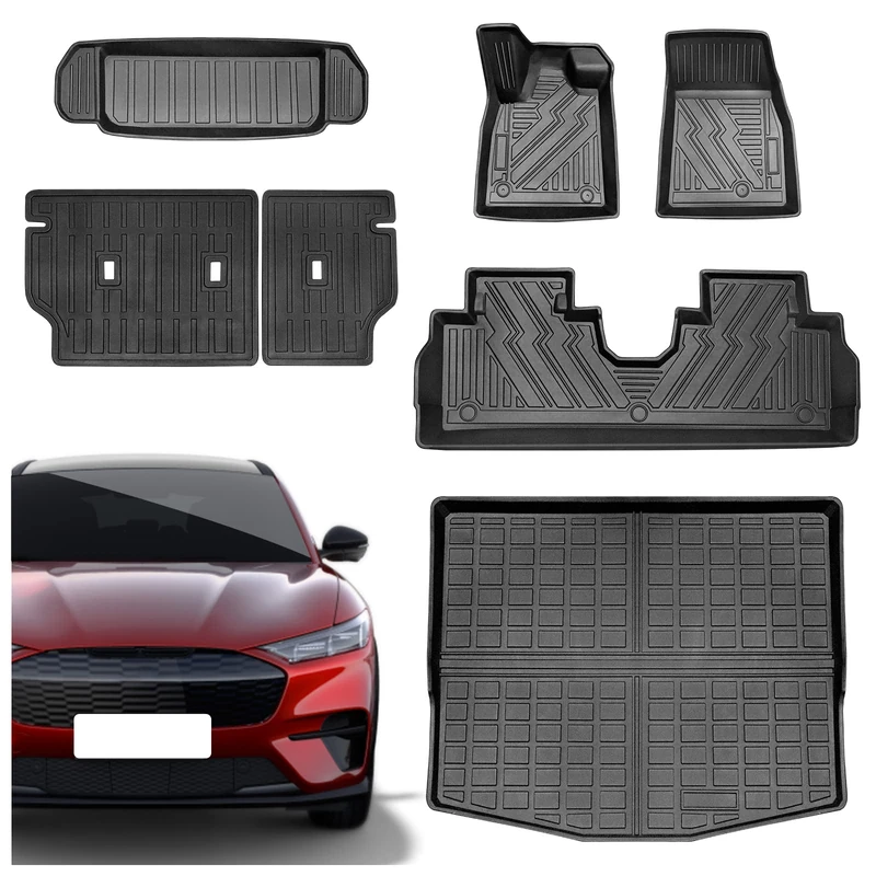 Vanseno All-Weather Rubber Mats Compatible for 2022 2021 Ford Mustang Mach-E Floor Mat Front Rear Cargo Liners and Seat Back Cover Mat Full Set.Waterproof Anti-Slip Black Mat.