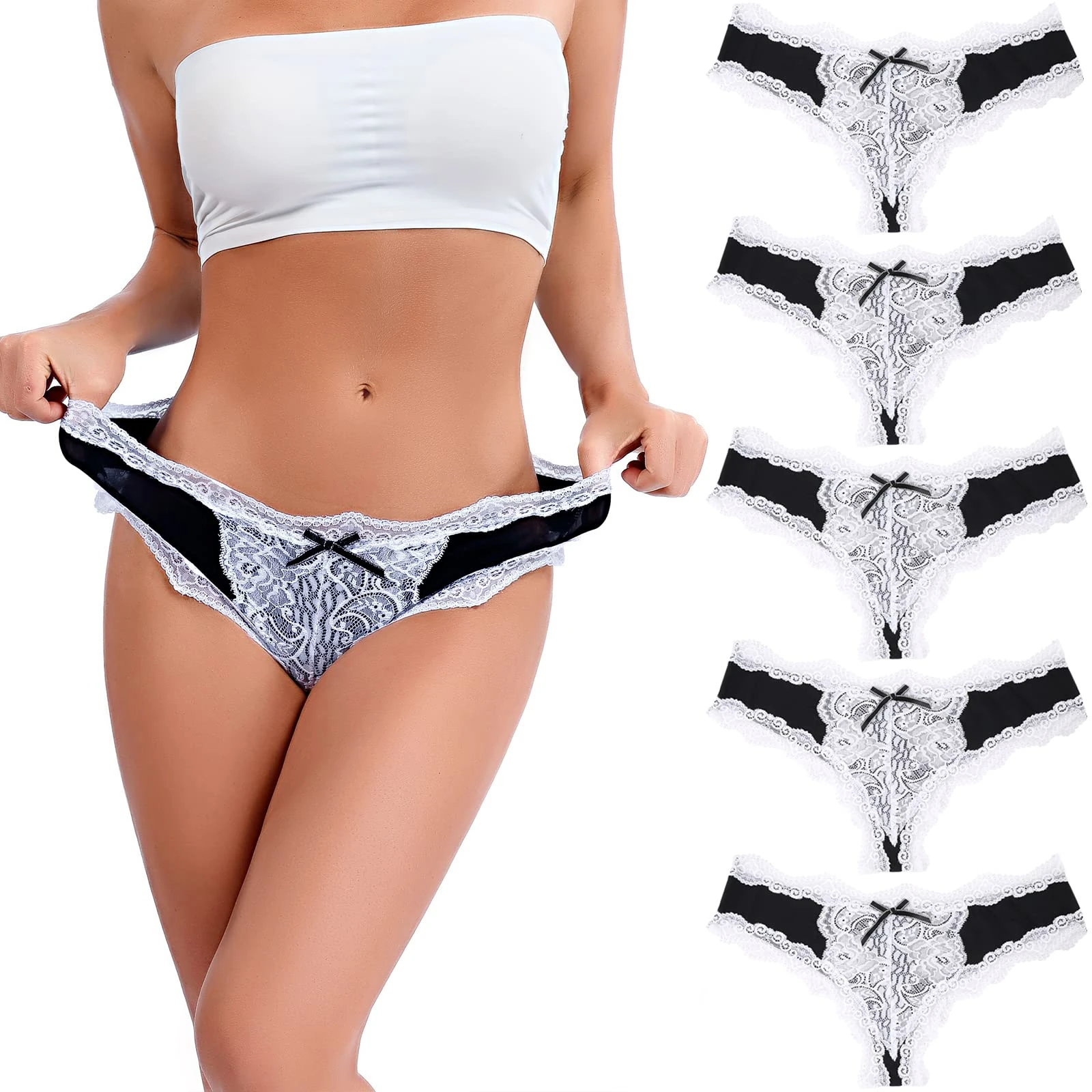 SPFASZEIV Thongs for Women Lace Knickers Silk Thong Sexy Underwear Comfortable Panties for Ladies Girls 5 Pack L