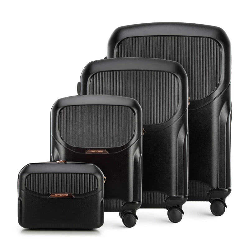 WITTCHEN Lady 2 Stylish Set of 4 Suitcases Travel Luggage Hard-Wearing Polycarbonate 4 Double Wheels TSA Combination Lock Size (S+M+L+Cosmetic case) Black Elements in Rose Gold