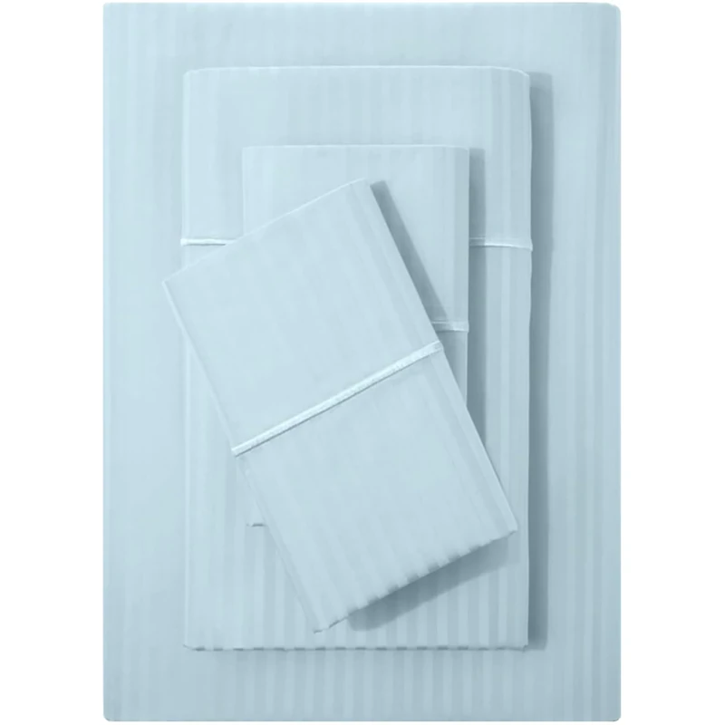 Feather & Stitch 500 TC Split King Size Sheet Set, 5 piece Bed Sheets Set-2 Twin Fitted Sheet, 1 King Flat Sheet & 2 King Pillowcases, 18" Deep Pockets Sateen Weave Striped Bedsheet - (Aqua Stripe)