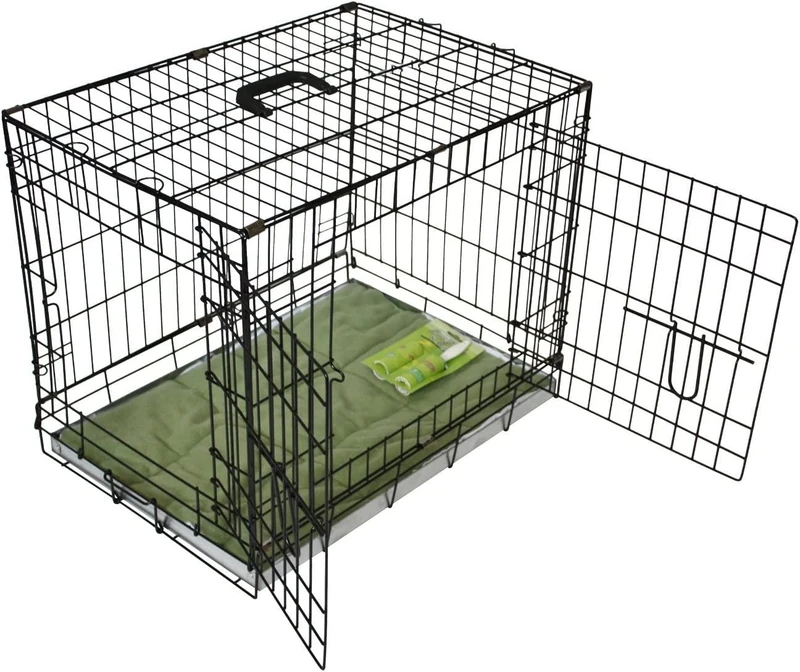 BUNNY BUSINESS UNDERDOG Metal Dog Crate/Cage – Pet Black Metal Folding Cage with 2 Doors Sliding Chew Resistant Plastic Base Tray with Bed Heavy Duty Puppy Training Solution (42" X-LGE, Black)