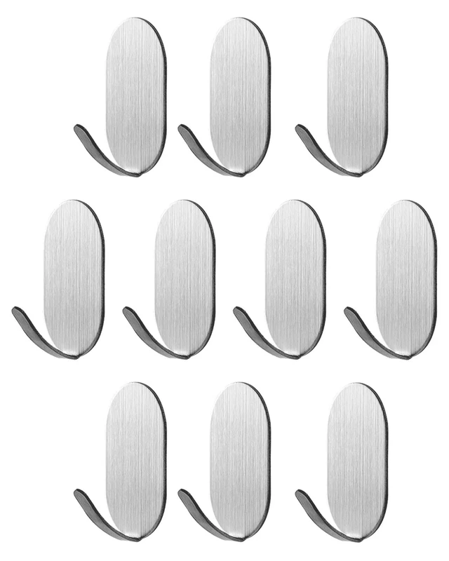 KAXIMON Self Adhesive Hooks, 10 Pack Stainless Steel Wall Hooks Stick on Heavy Duty, No Nails Sticky Hooks Extra Strong for Kitchen Bathroom Wall Door Hanging Hat Coat Clothes Towel Keys