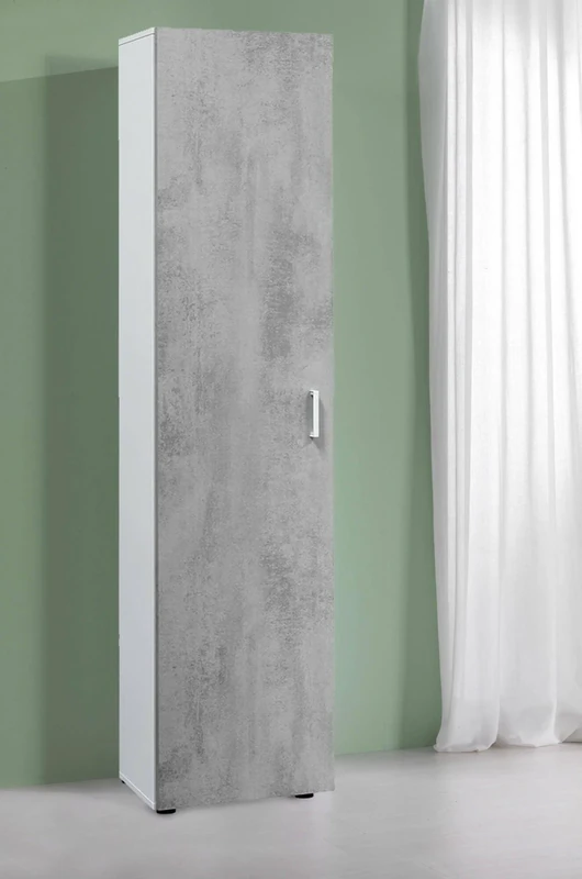 Dmora - Multipurpose cabinet Reno, Auxiliary cabinet with 1 door and 3 shelves, Modern wardrobe, Tall column cabinet, 41x37h182 cm, Cement and White