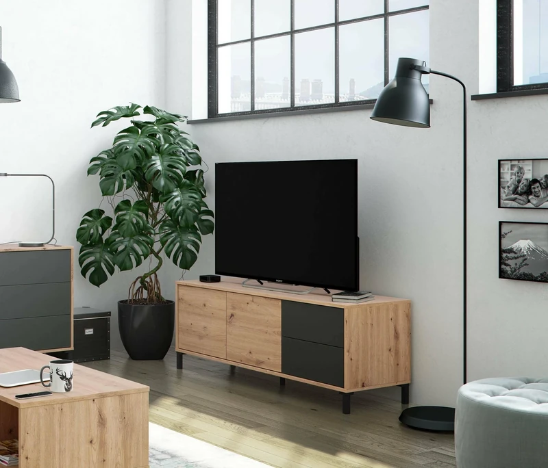 Dmora - Sideboard Arecibo, Modern sideboard with 2 doors, Living room buffet, TV cabinet, Sideboard with feet for living room, 130x41h47 cm, Knotted oak and Anthracite