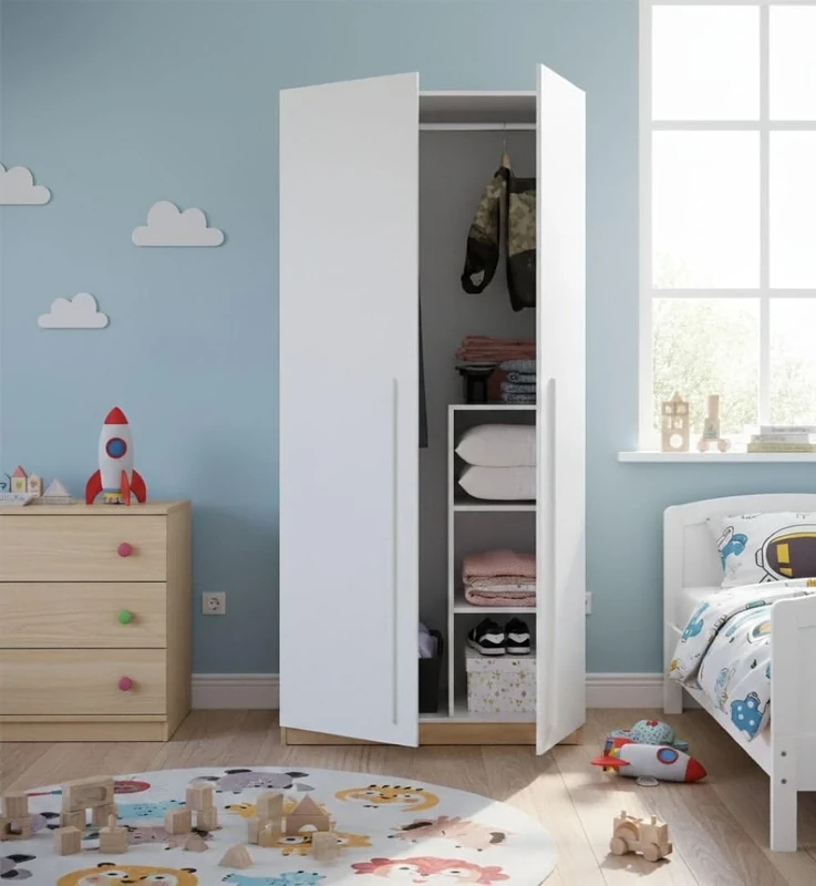 Dmora - Wardrobe Abilene, Bedroom wardrobe with 2 hinged doors, Cabinet with 3 shelves and clothes hanger bar, 90x52h200 cm, Knotted oak and White