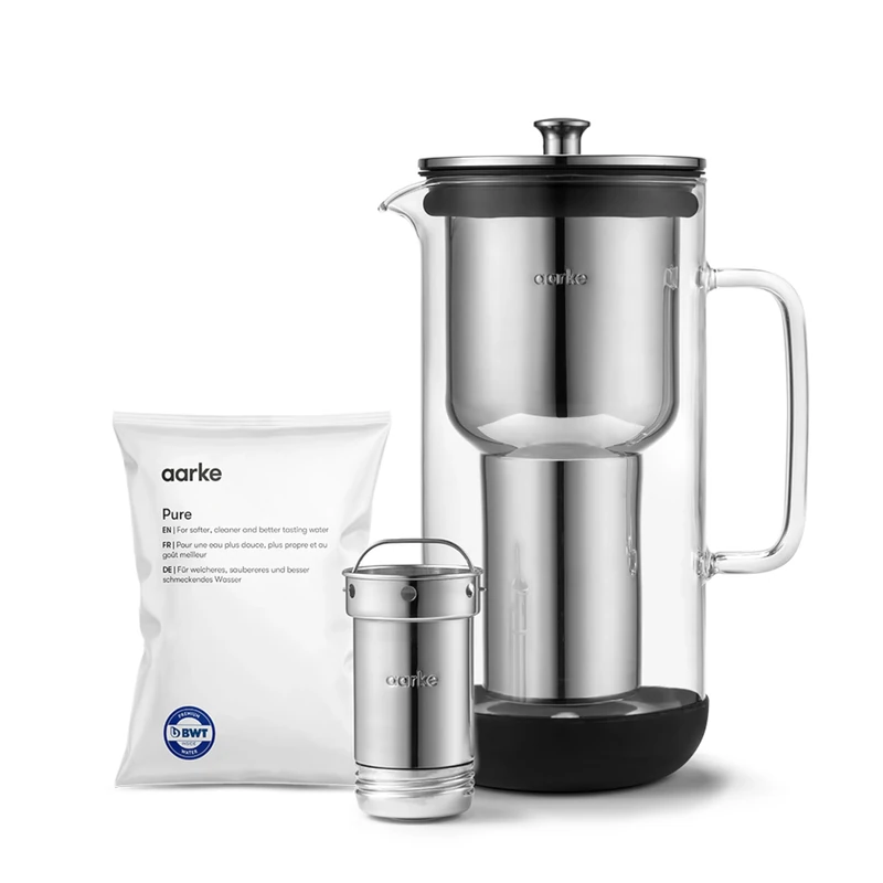 Aarke Purifier Water Filter Jug 1.2L/5 cups Glass & Stainless Steel – Includes Pure Filter Refill Bag