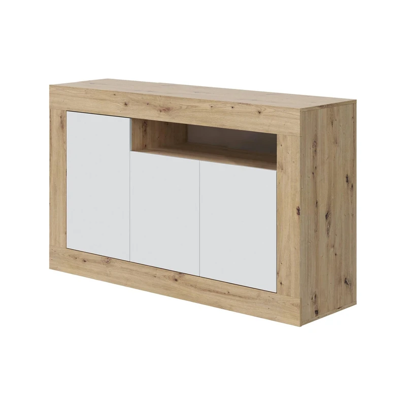 Dmora - Highboard Thornton, Modern sideboard with 3 doors, Living room TV stand buffet, 144x42h87 cm, Knotted oak and White