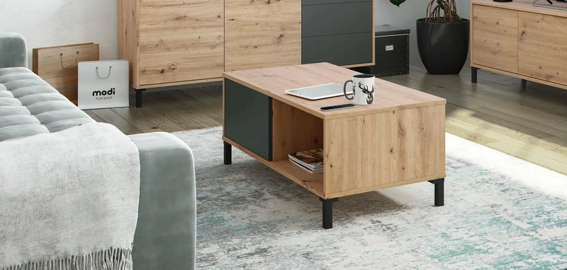 Dmora - Coffee table Evansville, Coffee table, Coffee table for the living room, 100x50h40 cm, Knotted oak and Anthracite