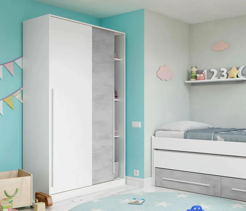 Dmora - Cloakroom Downey, Bedroom wardrobe with 2 sliding doors, Cabinet with clothes hanger bar and 3 shelves, 120x50h200 cm, Cement and White