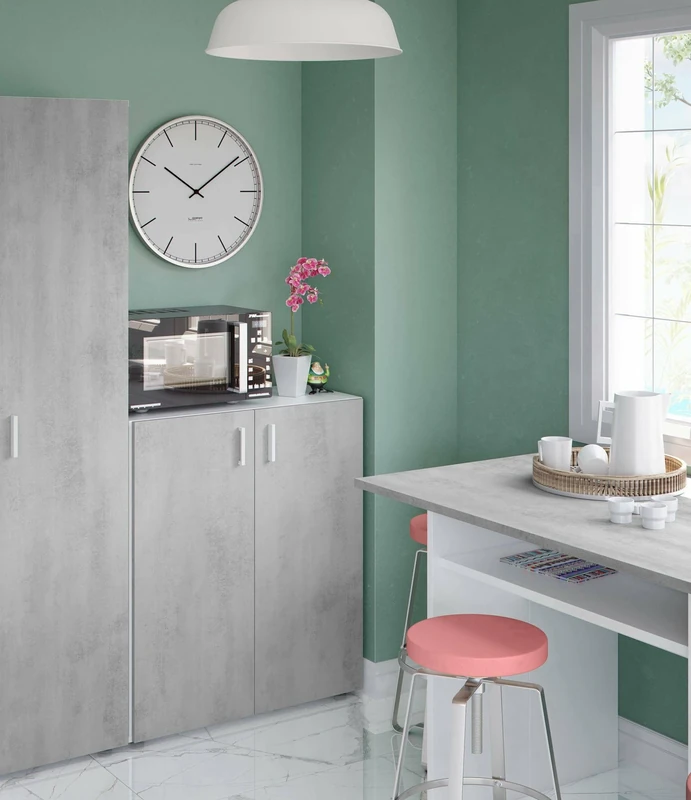 Dmora - Multipurpose cabinet Hialeah, Low auxiliary cabinet, Shoe cabinet with 2 hinged doors and 1 shelf, Shoe cabinet, 80x37h92 cm, Cement and White