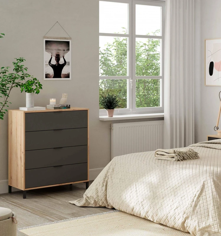 Dmora - Chest of drawers Rochester, Chest of drawers with 4 drawers, Dresser for bedroom, Modern dresser, 76x40h94 cm, Knotted oak and Anthracite